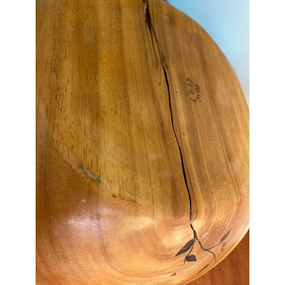 Vintage Olive Wood Look Live Edge Decorative Bowl with Burnt Floral Design